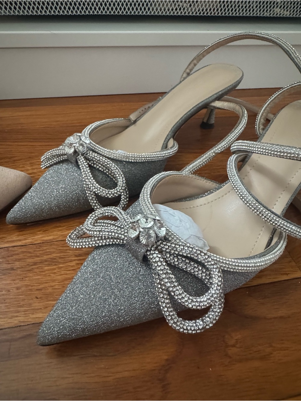 Silver Glitter Crystal Double Bow Ankle-Wrap Slingback Evening Heels (8.5 / 39)